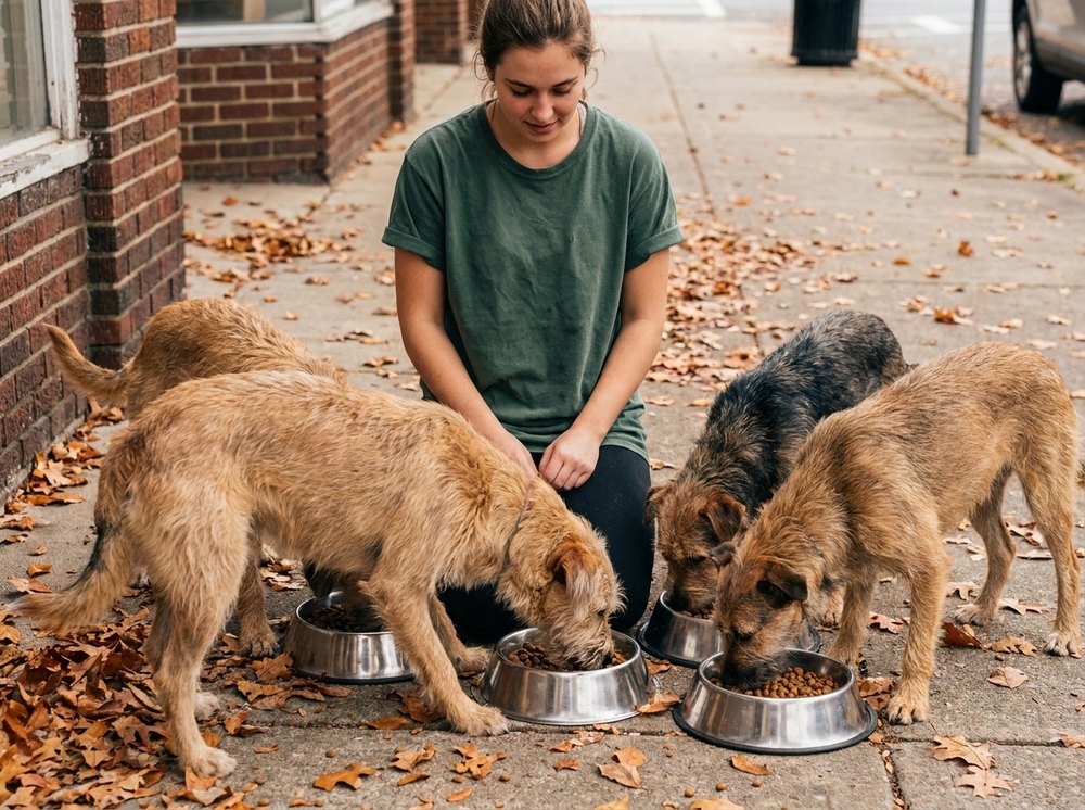 Volunteer feeding street dogs