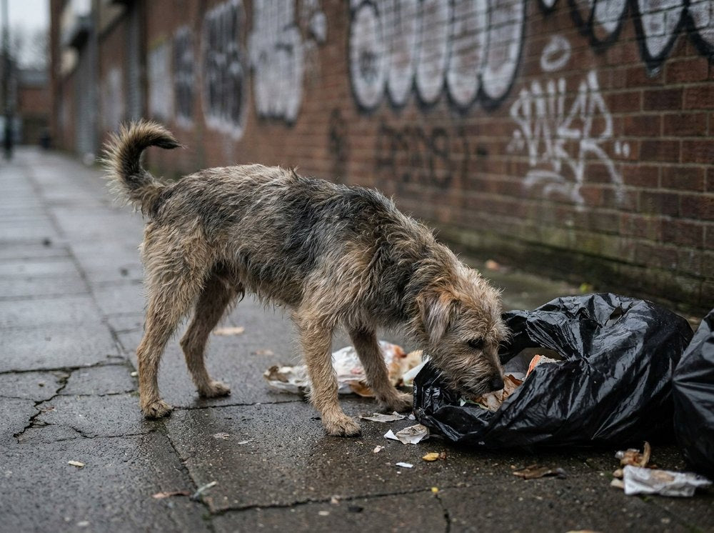 A hungry stray dog on an American street